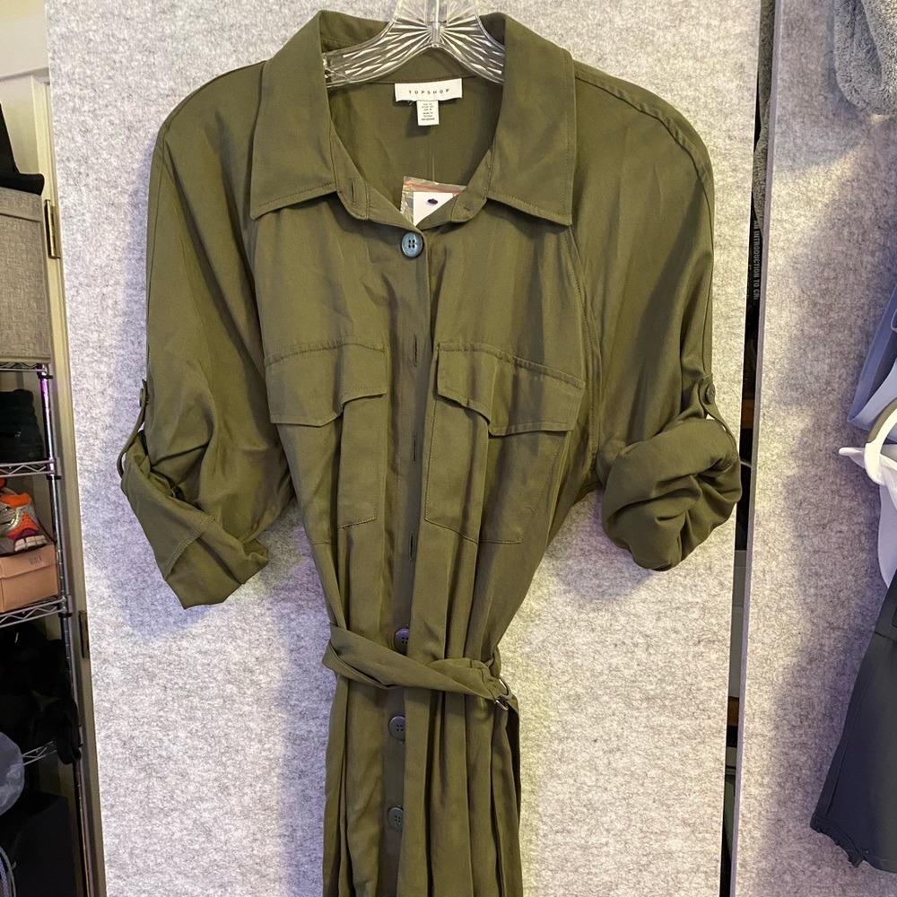 Topshop Long Sleeve Army Green Button Down Tie Dress